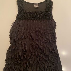 Black ruffle top with rose glitter design
